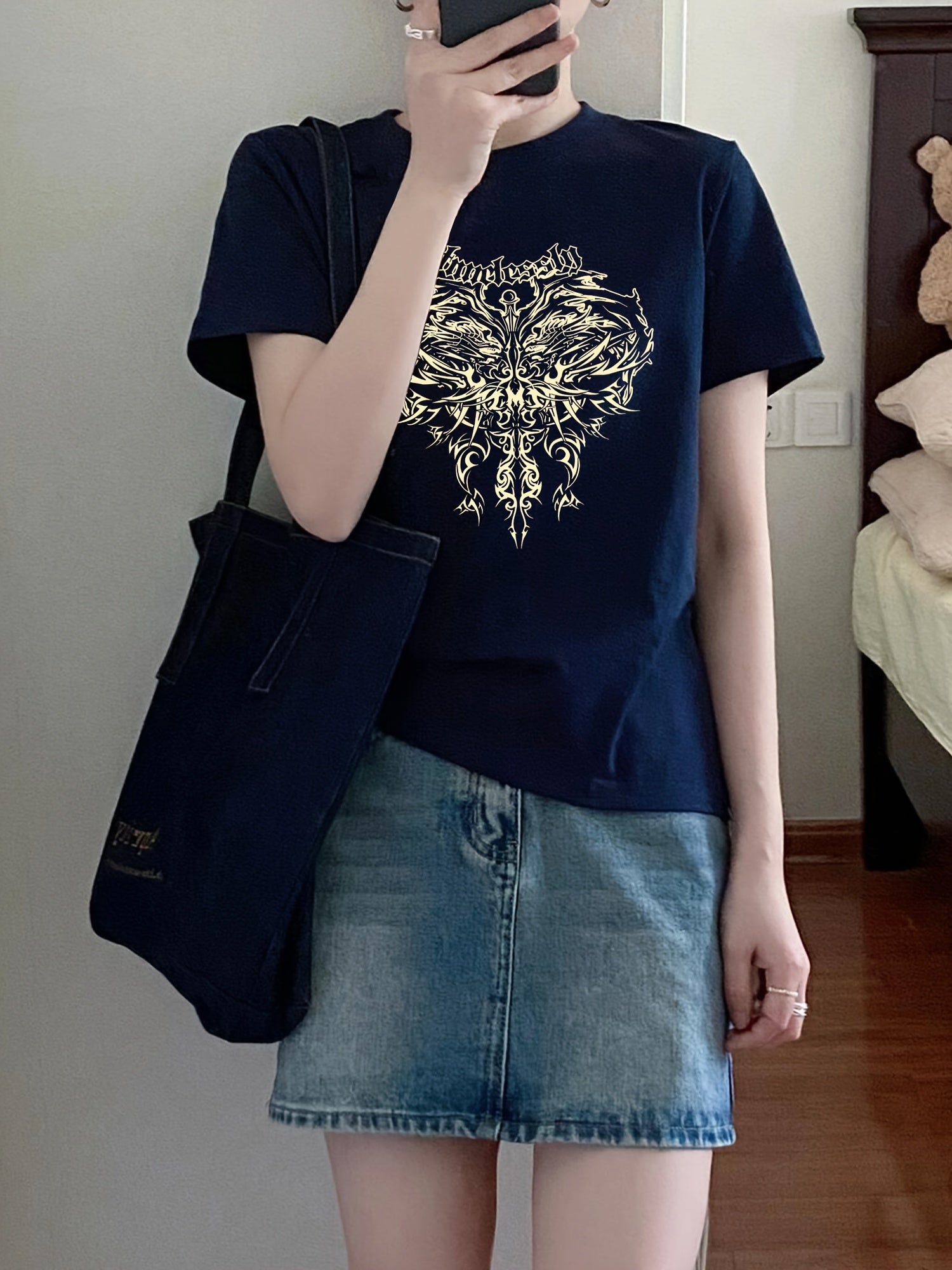 Women'S Slim Fit Short Sleeve T-Shirt - 2025 New Arrival, Stylish Golden Cross Print, Round Neck, Casual Summer Top, Casual Wear | Trendy Women'S Tee | Glossy Fabri