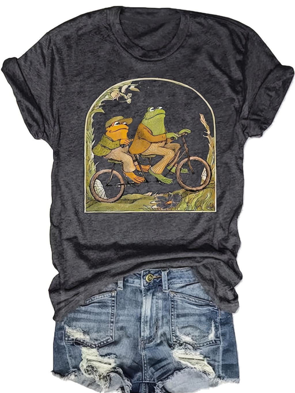 Cartoon Frog Print Crew Neck T-Shirt, Casual Short Sleeve Top For Spring & Summer, Women's Clothing
