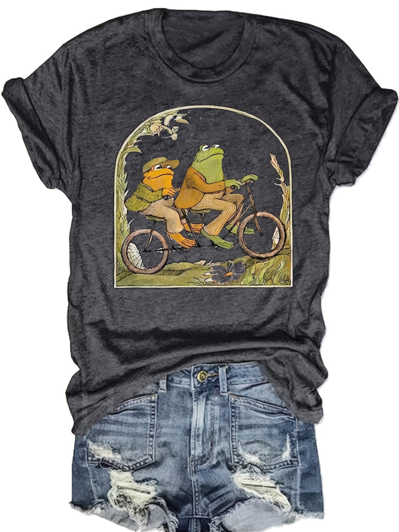 Cartoon Frog Print Crew Neck T-Shirt, Casual Short Sleeve Top For Spring & Summer, Women's Clothing