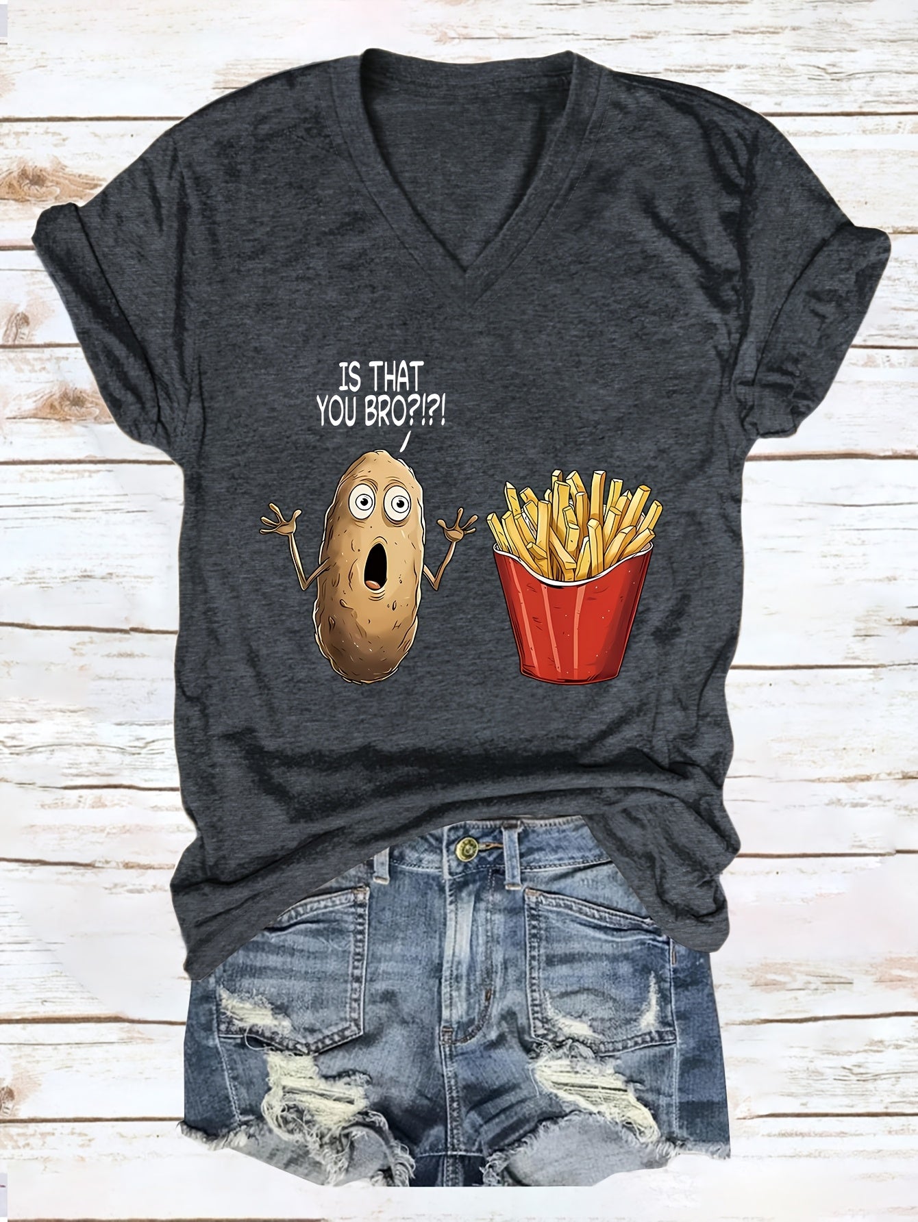 Women'S Casual V-Neck T-Shirt with Funny "Is That You Bro?" Potato & Fries Graphic - Soft Blue Short Sleeve Tee for Casual Attire, Ladies T Shirts