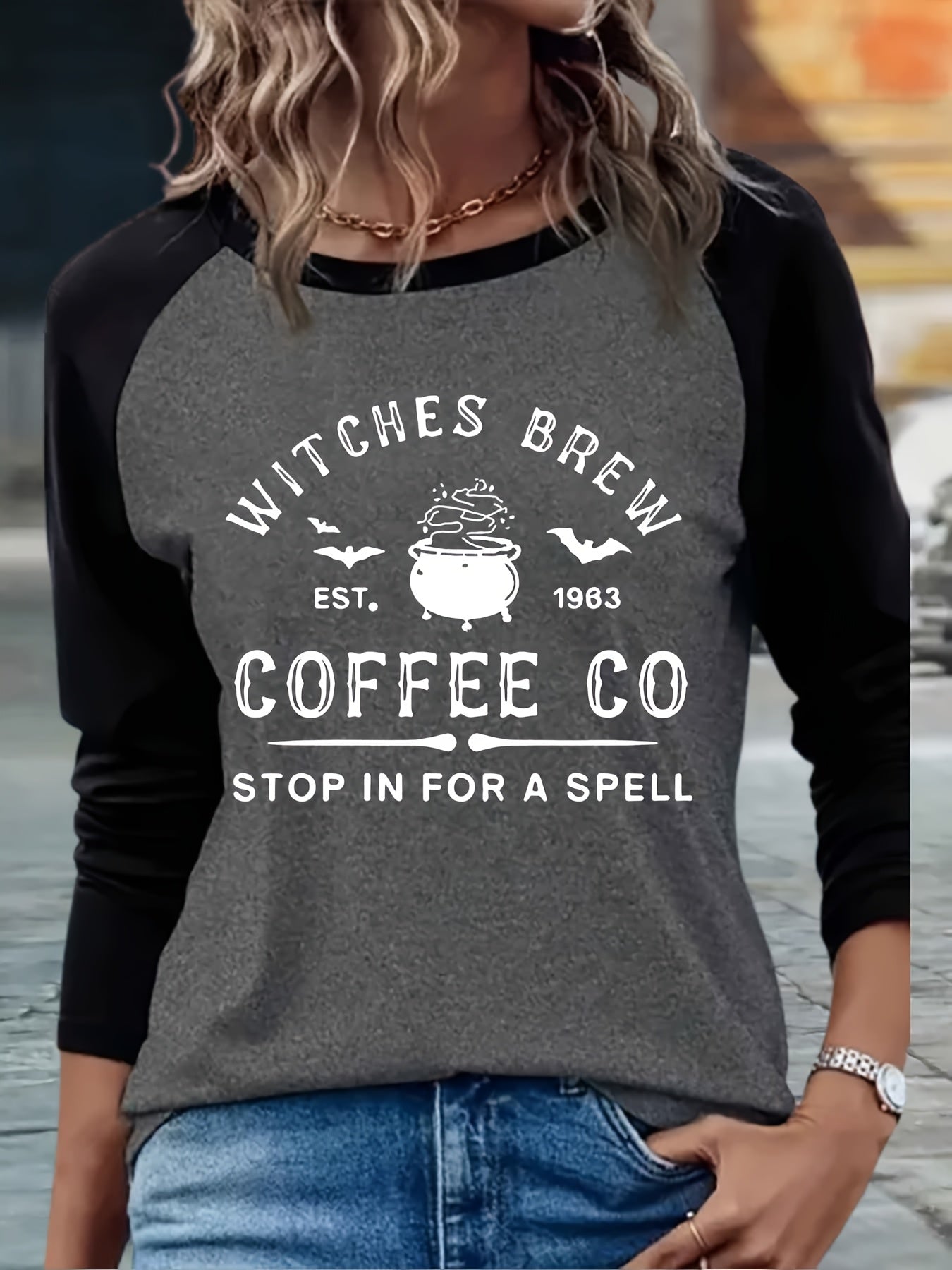 [Witch Brew Coffee Tee] Halloween Witch Brew Coffee Graphic Tee - Women's Dark Grey Casual T-Shirt, Relaxed Fit Long Sleeve Shirt for Everyday & Costume Parties, Festive Apparel, Medium Elasticity Fabric
