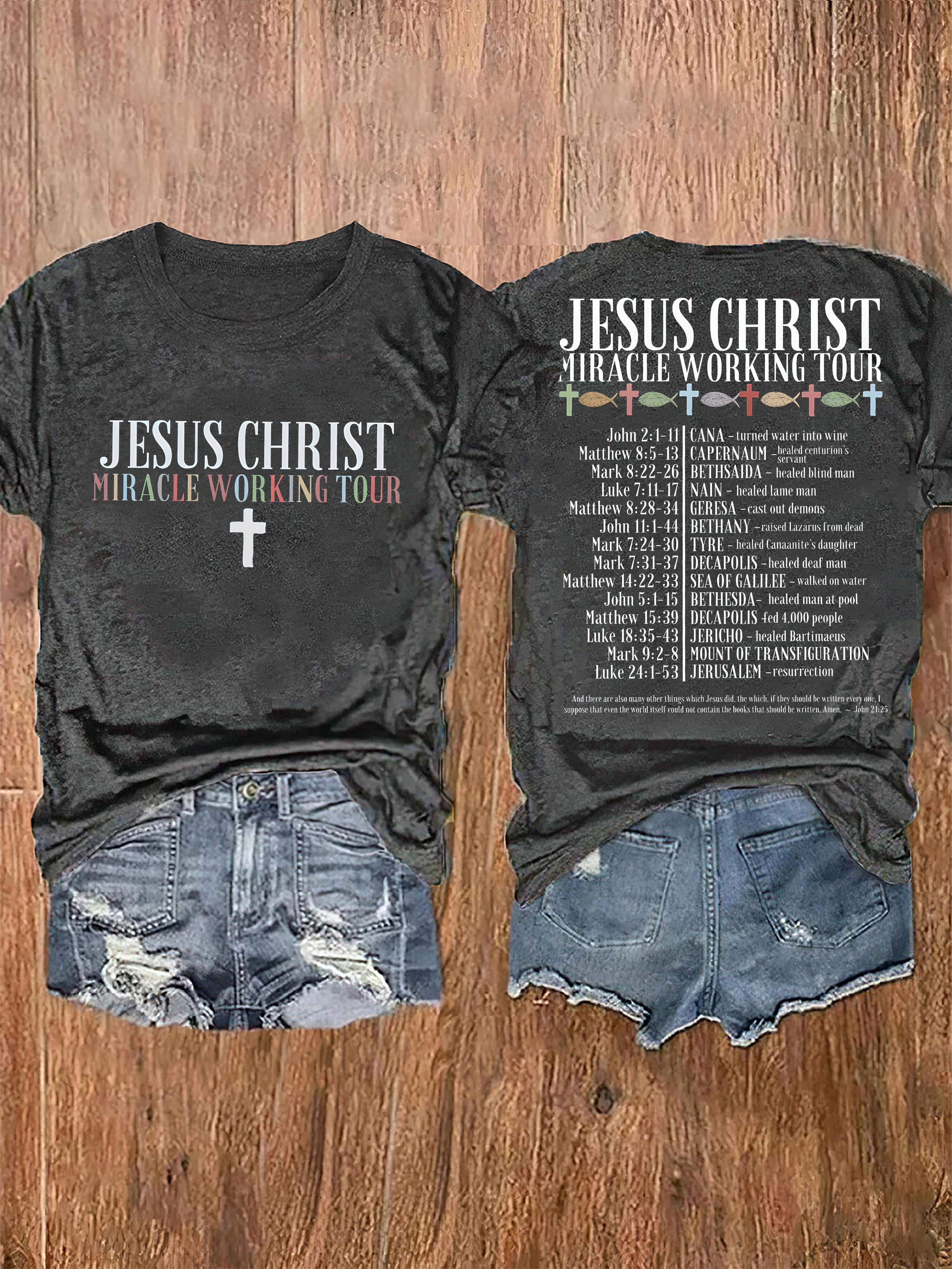 [Christian Faith Tee] Black Christian Faith Women's Jesus Christ Miracle Working Tour Graphic T-Shirt | Stretchy Round Neck Short Sleeve Top for Casual Wear & Vacation Outfits with Cross Design