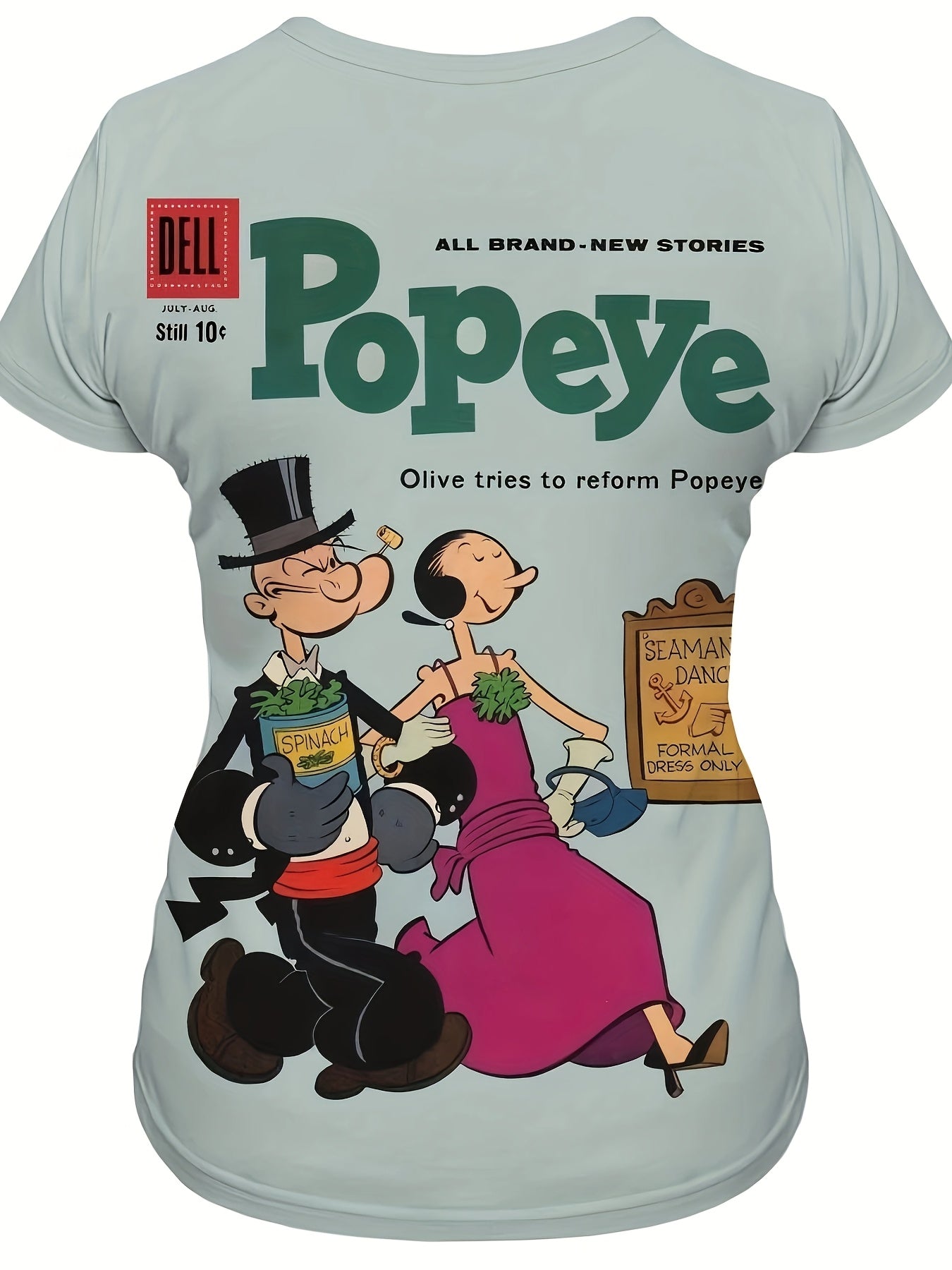 Women's Elegant Casual Round Neck T-Shirt - Vibrant Blue Popeye Graphic Print, Soft Breathable Fabric, Machine Washable, All-Season Comfort Fit, Ladies T Shirts, Pop Culture Apparel, Retro Style Shirt, Classic Fit Tee