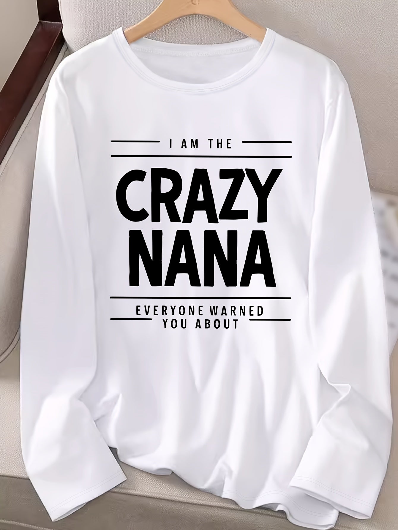 Women'S "Crazy Nana" Letter Print Long Sleeve Crew Neck T-Shirt, Casual Knit Polyester Top with Slight Stretch, Regular Fit Pullovers for Fall/Winter - 100% Polyester, 180g/m²