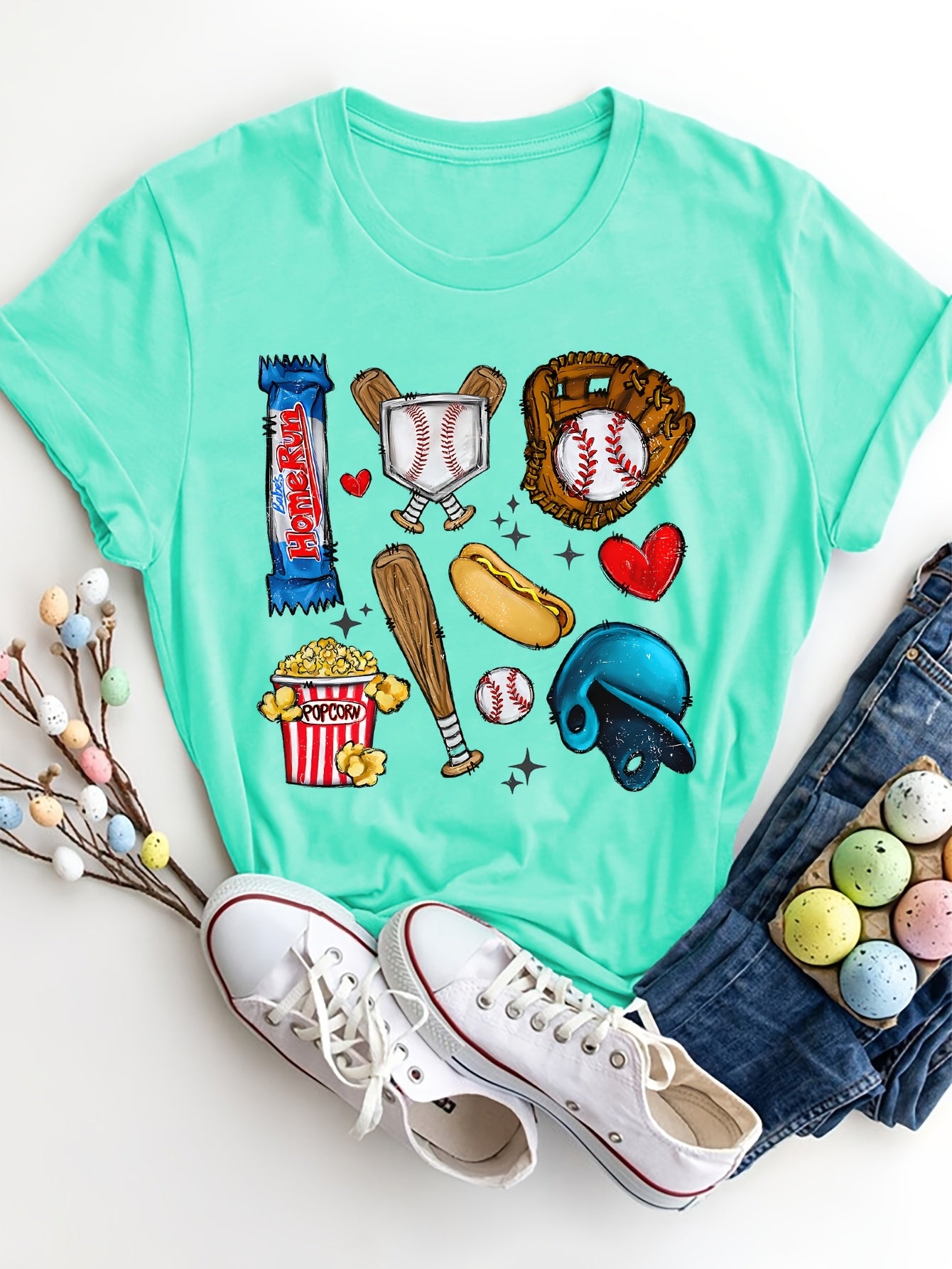 Women's Baseball & Candy Graphic Print T-Shirt - Vibrant Turquoise Short Sleeve Crew Neck Casual Top, Lightweight Summer & Spring Tee with Sporty Popcorn & Heart Design, Machine Washable, Baseball T Shirts, Relaxed Weekend Style, Fun Geometric Design,