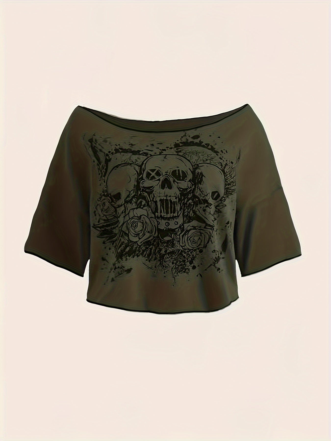 Floral Skull Print Slant Shoulder T-Shirt - Vintage Short Sleeve Tee for Spring/Summer, Women's Y2K/Grunge Style