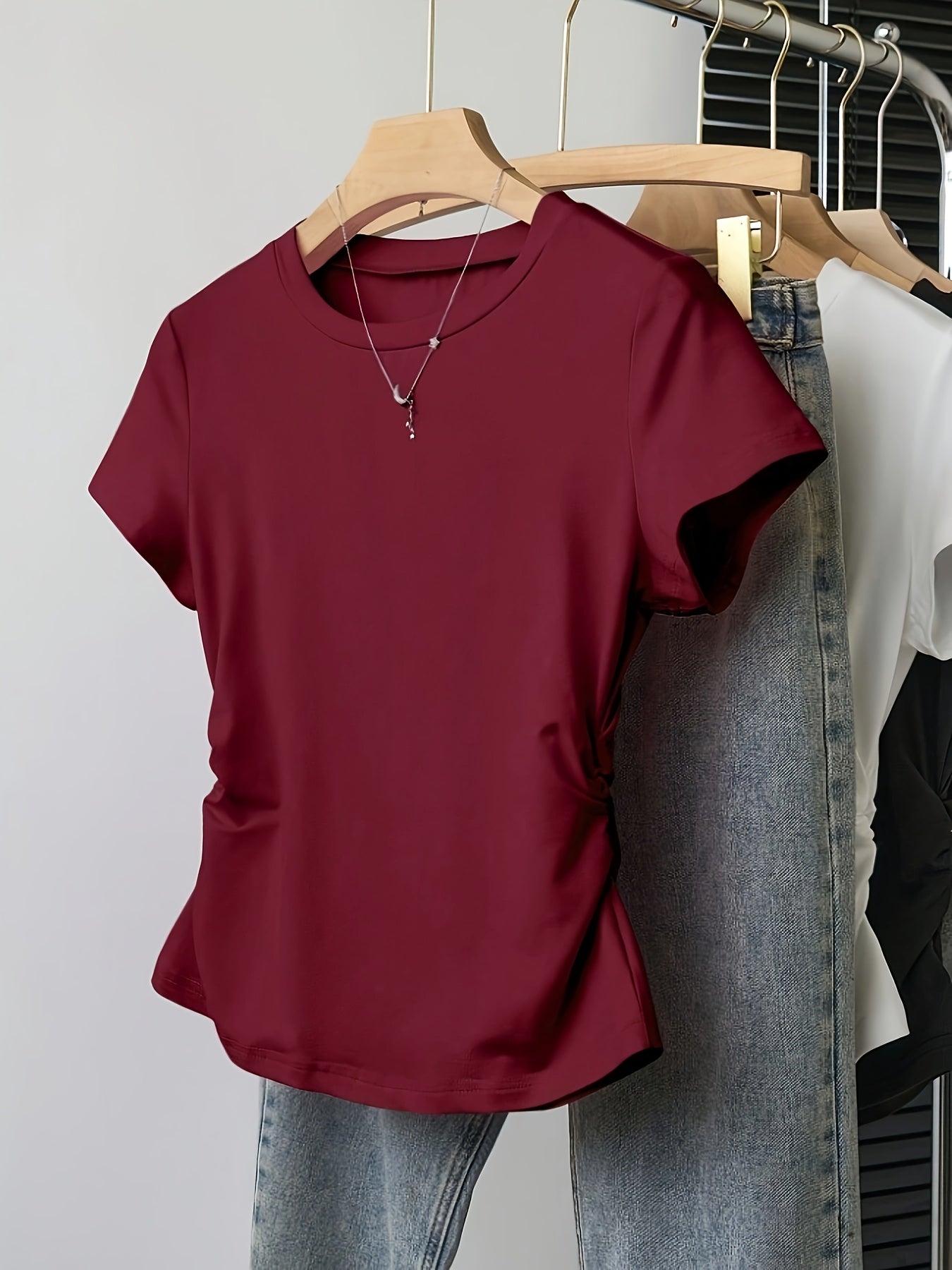 Elegant Solid Color Ruched Short Sleeve T-Shirt for - Versatile Casual Top with "I'm Not Old I'm Unique" Graphic, Perfect for Spring/Summer, Casual Wear | Ruched Design | Construction, T Shirts