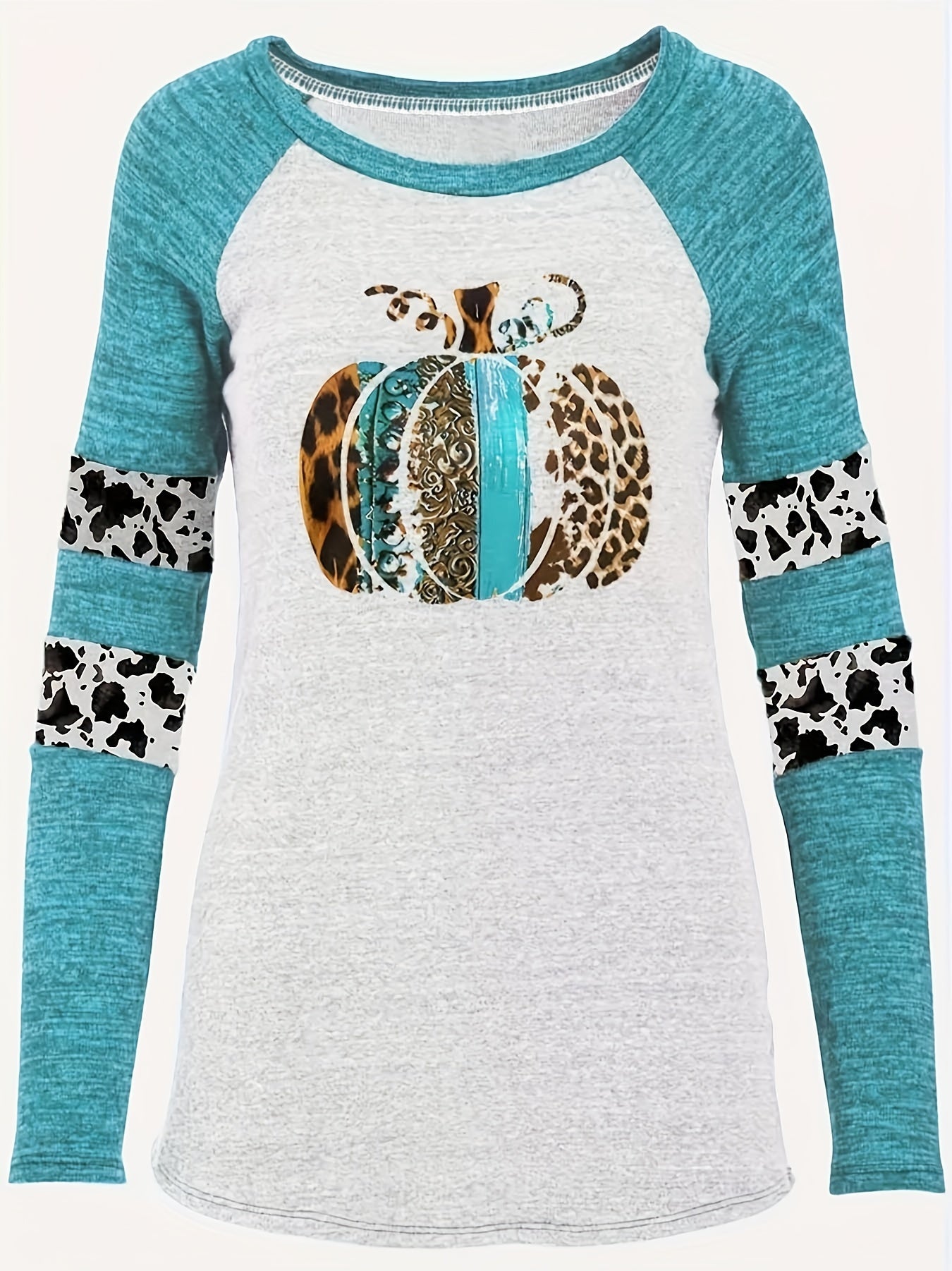 Women'S Casual Long Sleeve T-Shirt with Geometric Print - Relaxed Fit Round Neck, Machine Washable, Spring & Fall Essential for Casual Attire and Loungewear, Ladies T Shirts, Seasonal Fashion, Colorful Striped Sleeves, Comfortable Fabric