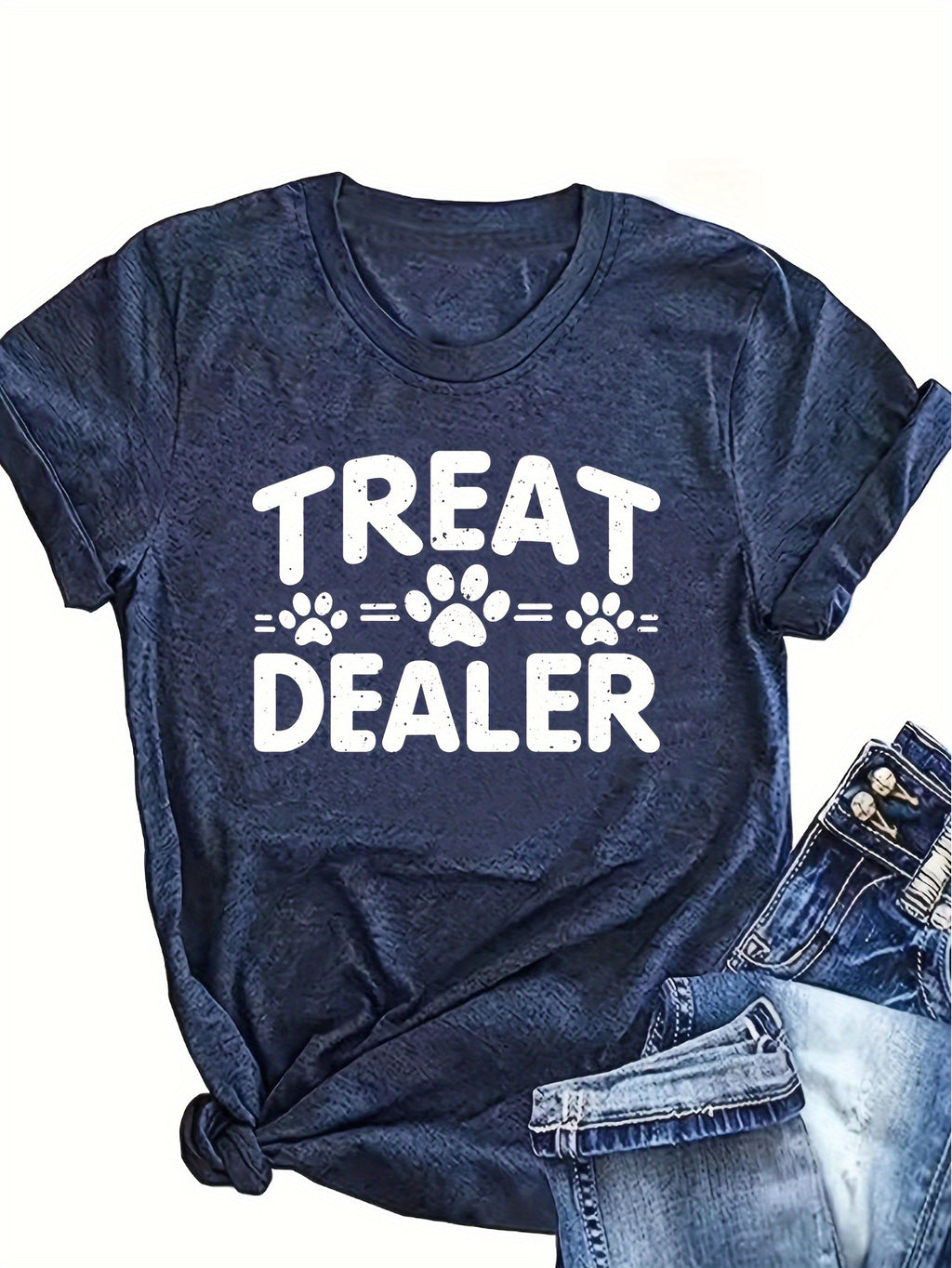 1pc Women'S Plus Size Casual Crew Neck T-Shirt with "Treat Dealer" Print, Polyester Knit Fabric with Slight Stretch, Alphabet Pattern, All-Season Comfort