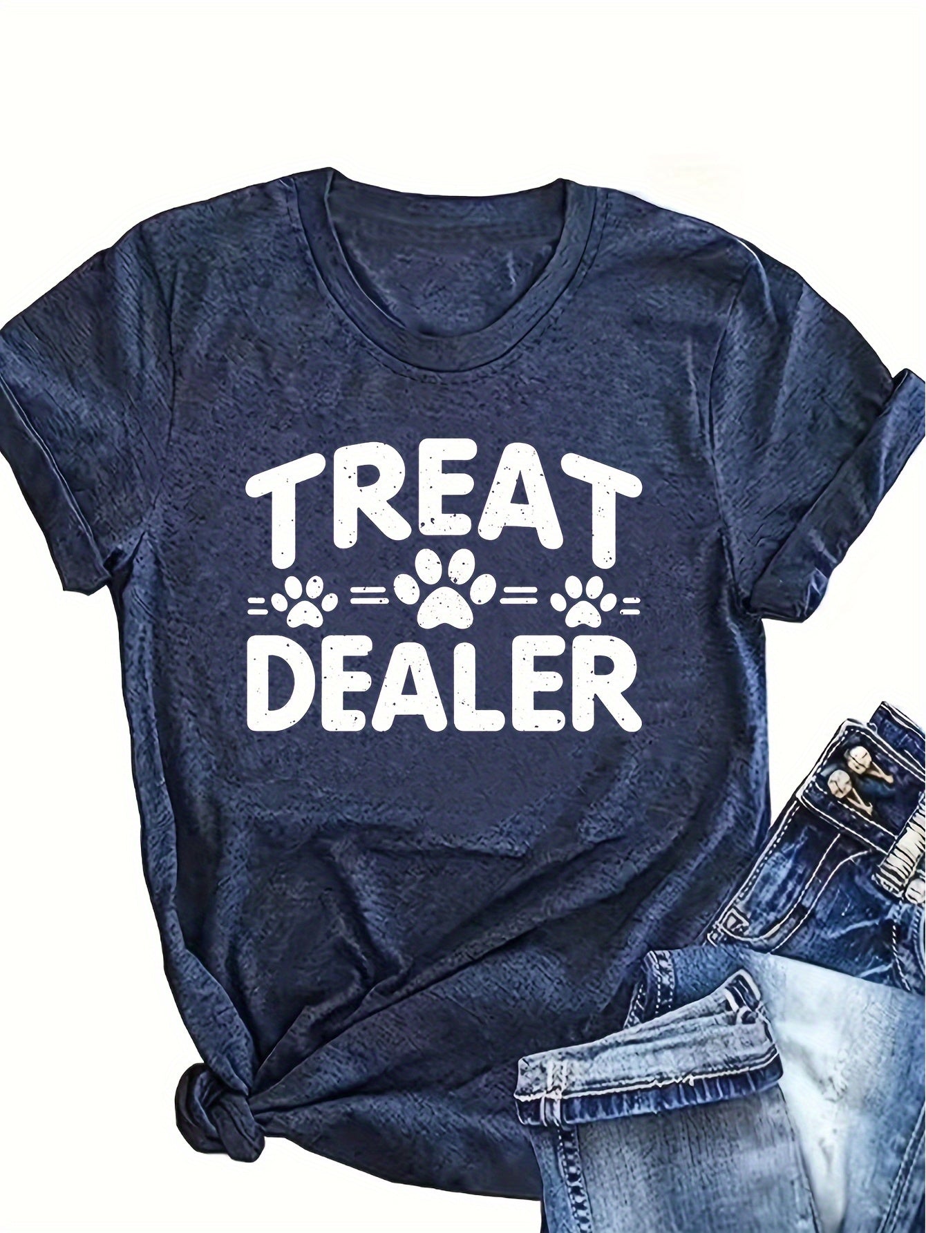 1pc Women'S Plus Size Casual Crew Neck T-Shirt with "Treat Dealer" Print, Polyester Knit Fabric with Slight Stretch, Alphabet Pattern, All-Season Comfort