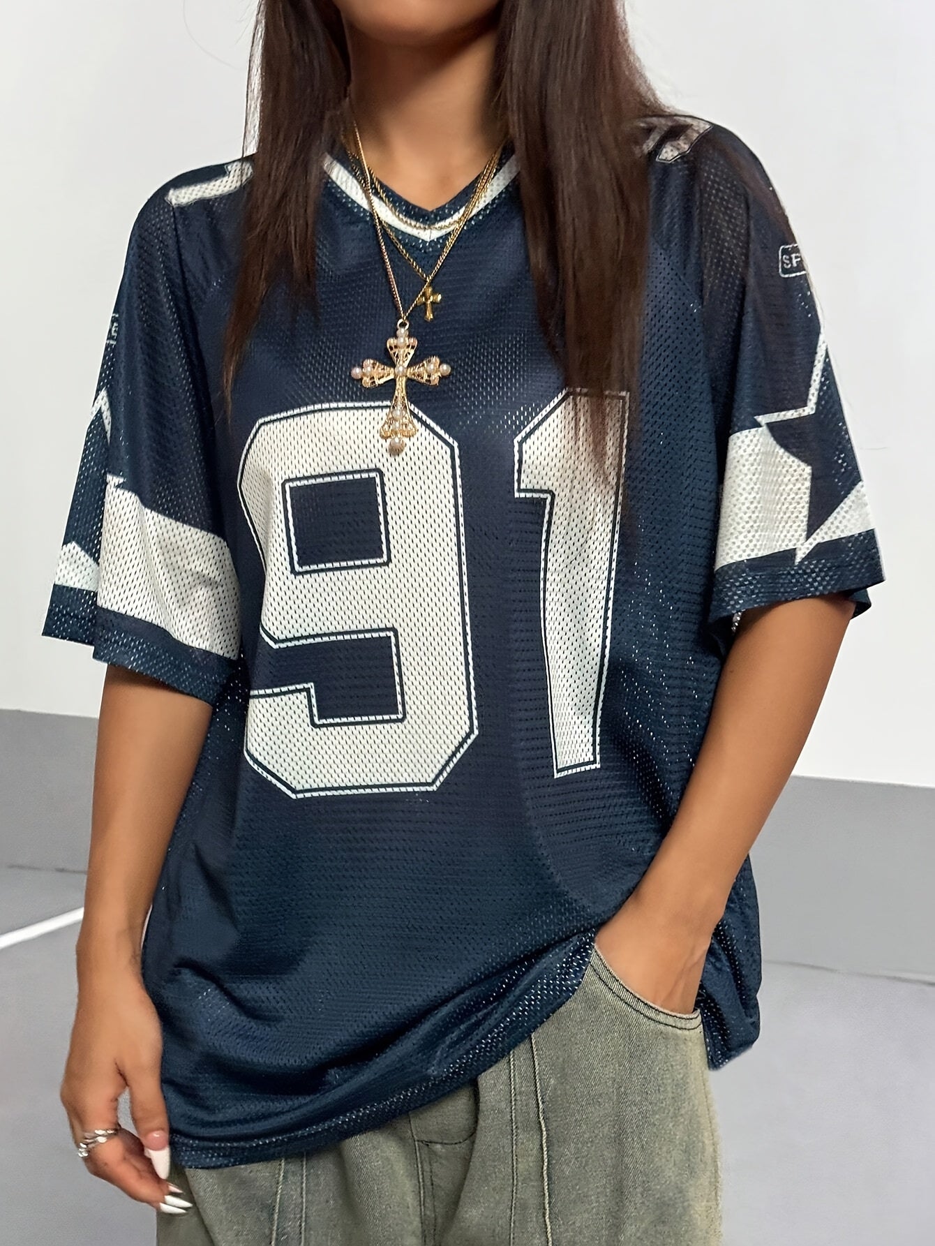 Women's Sporty V-Neck Mesh T-Shirt - Breathable 91 Graphic Print, Navy Blue & White Athletic Top for Spring/Summer, Machine Washable Casual & Workout Wear, Ladies T Shirts
