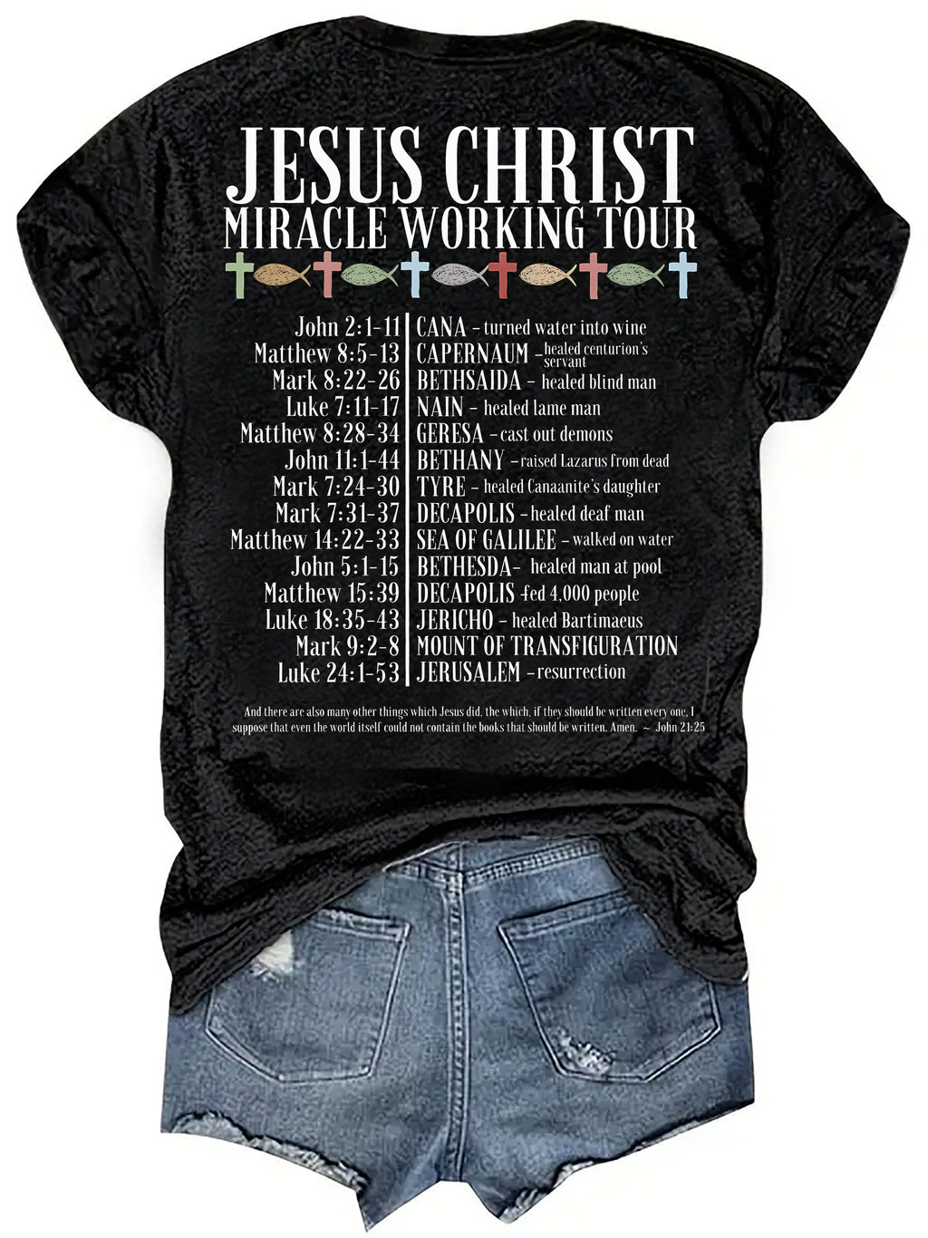 [Christian Faith Tee] Black Christian Faith Women's Jesus Christ Miracle Working Tour Graphic T-Shirt | Stretchy Round Neck Short Sleeve Top for Casual Wear & Vacation Outfits with Cross Design