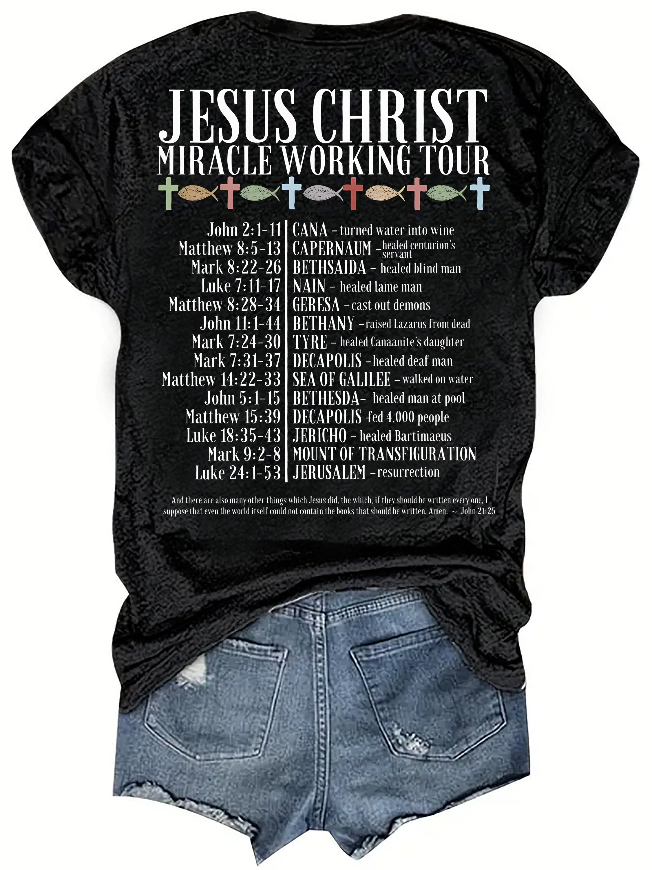 [Christian Faith Tee] Black Christian Faith Women's Jesus Christ Miracle Working Tour Graphic T-Shirt | Stretchy Round Neck Short Sleeve Top for Casual Wear & Vacation Outfits with Cross Design