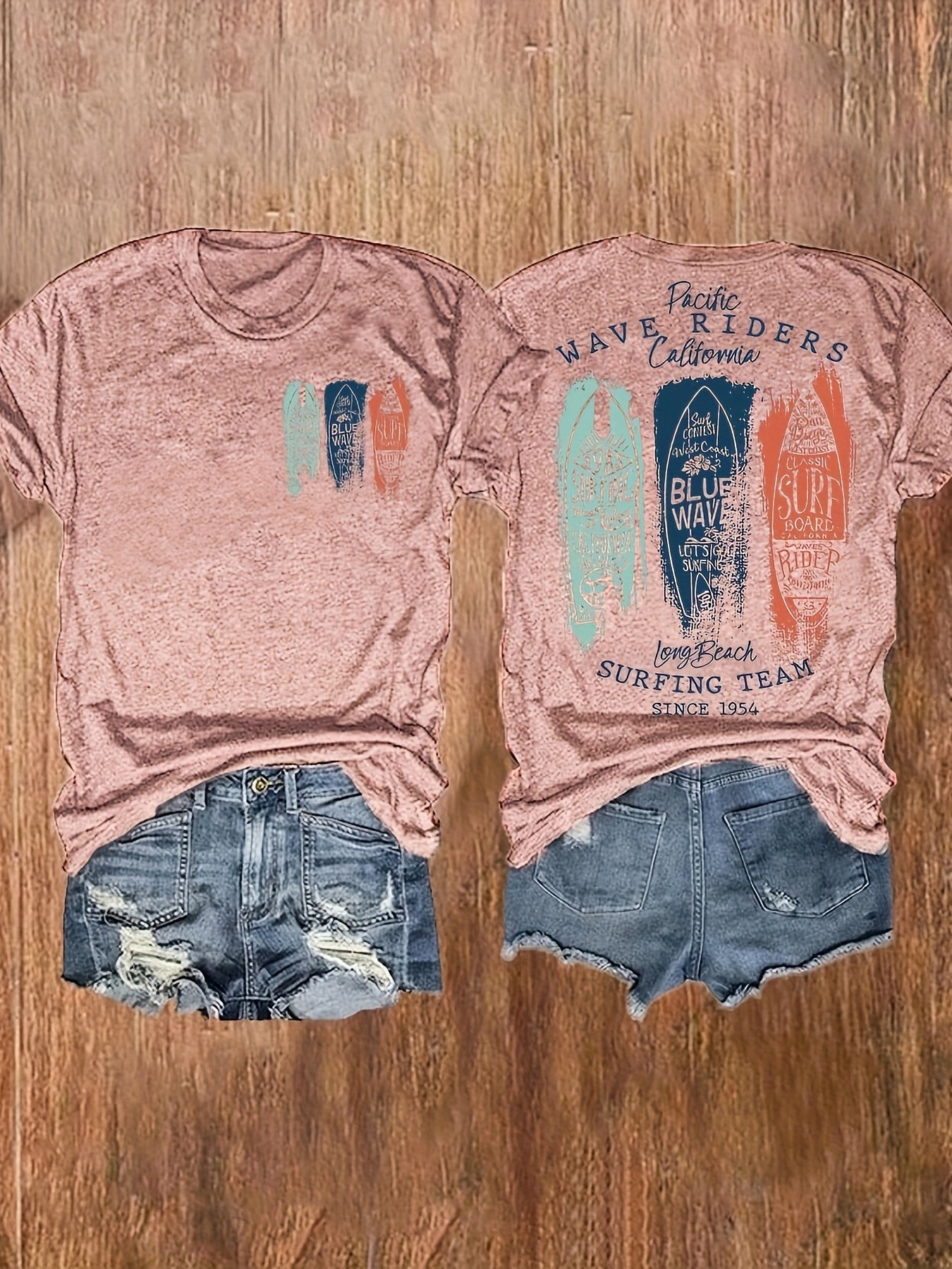 [Vintage Surf Tee] Soft Vintage Women's Surf Graphic Print T-Shirt | Crew Neck Short Sleeve Top with Beach Surfing Team Design, Machine Washable Casual Summer & Spring Tee, Beach Gear, Vacation Clothing, Laidback Style, Comfortable Tee, Surfthemed Shirt,