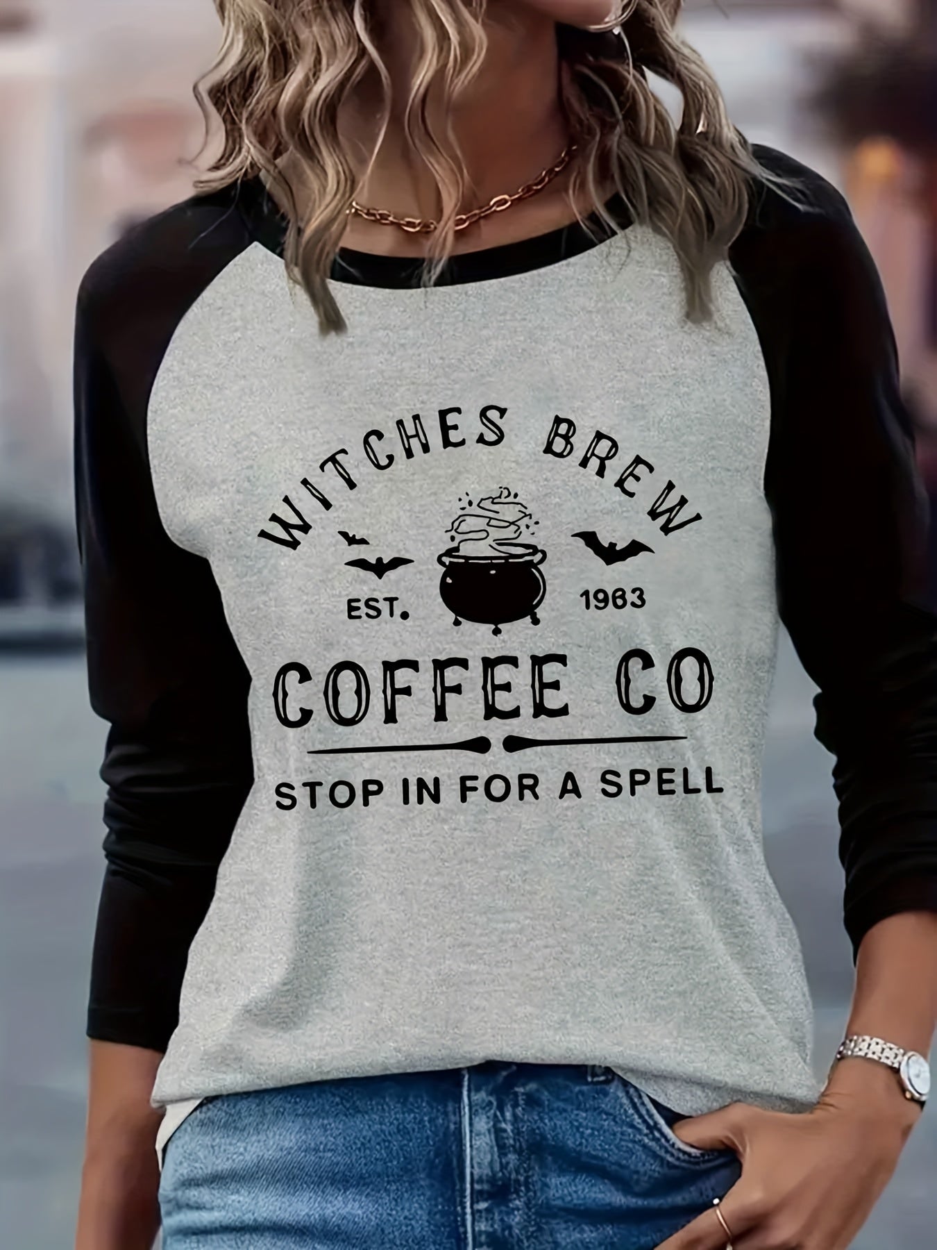 [Witch Brew Coffee Tee] Halloween Witch Brew Coffee Graphic Tee - Women's Dark Grey Casual T-Shirt, Relaxed Fit Long Sleeve Shirt for Everyday & Costume Parties, Festive Apparel, Medium Elasticity Fabric
