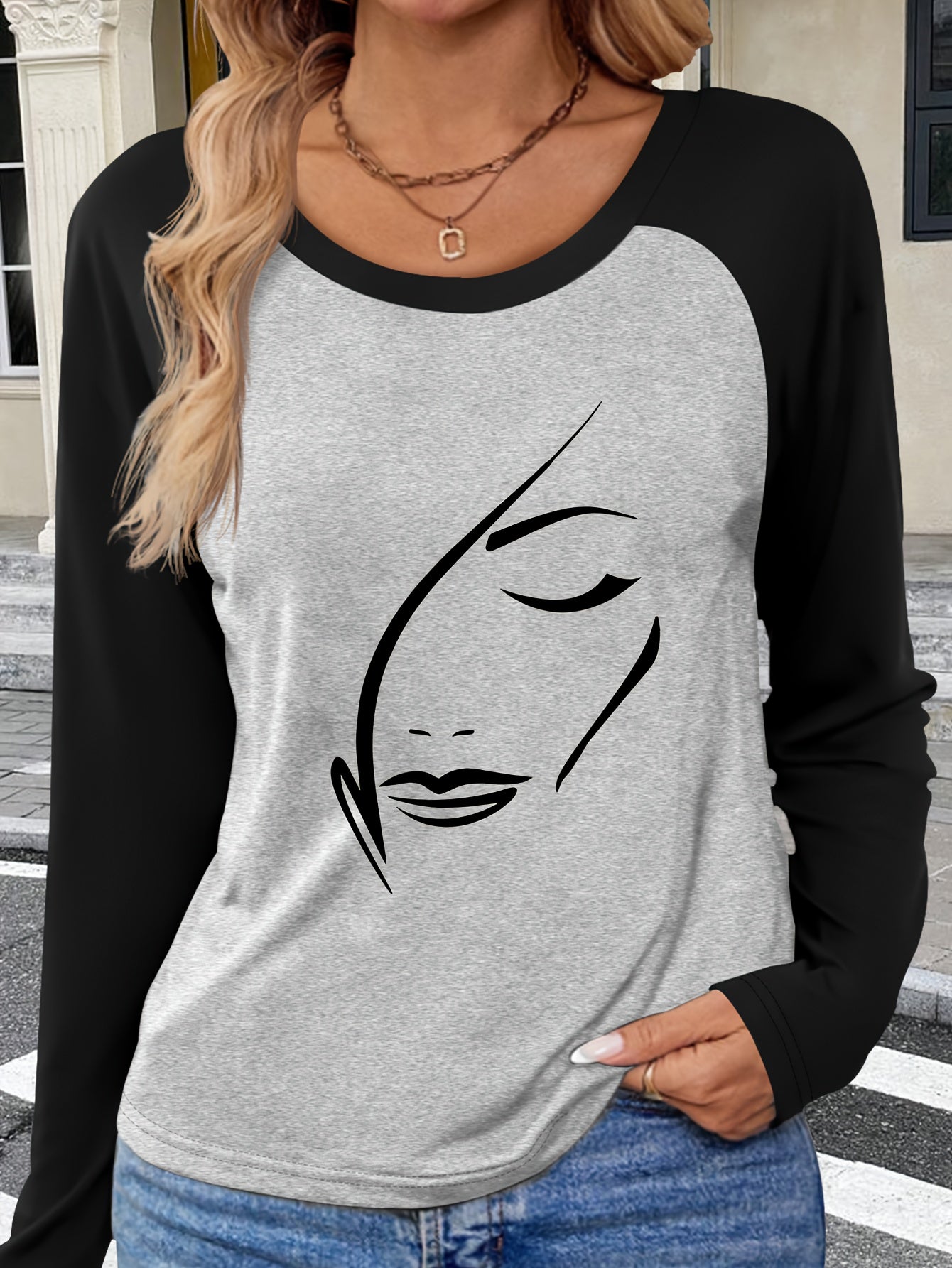 Patterned Raglan Sleeve Long-Sleeve T-Shirt for Autumn And Winter