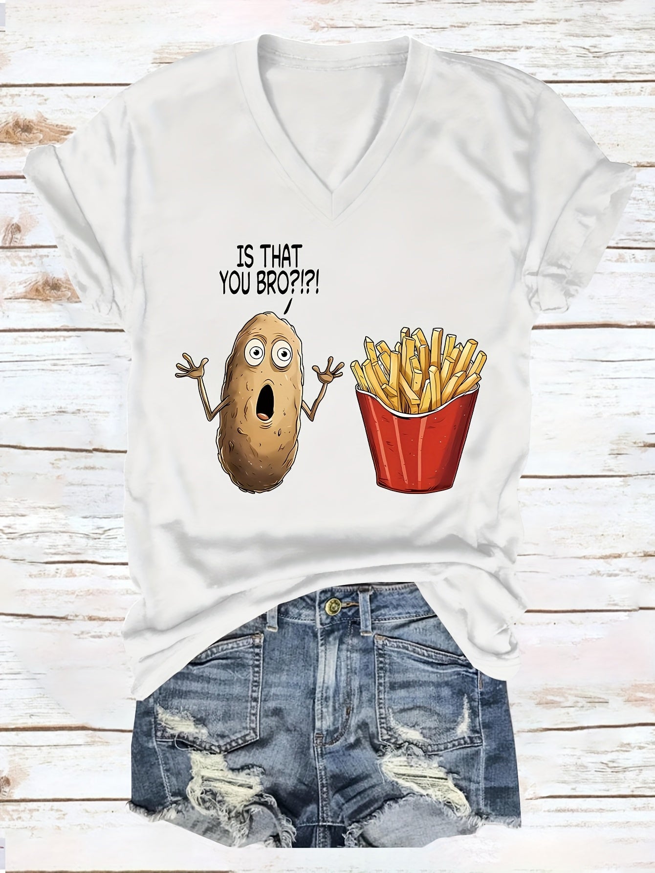Women'S Casual V-Neck T-Shirt with Funny "Is That You Bro?" Potato & Fries Graphic - Soft Blue Short Sleeve Tee for Casual Attire, Ladies T Shirts