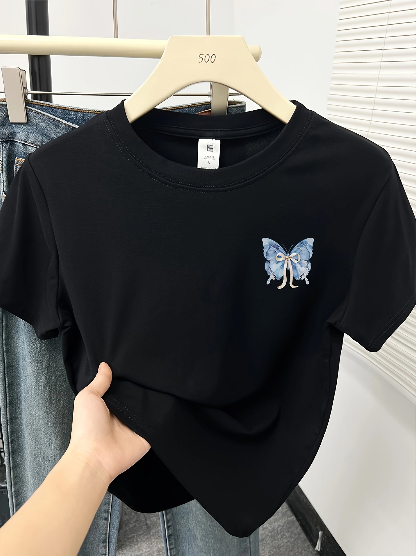 Women'S Slim-Fit Butterfly Print T-Shirt - "Hangin' One" Design with Blue & Brown Butterflies, Casual Short Sleeve Top for Spring/Summer, Butterfly Shirt