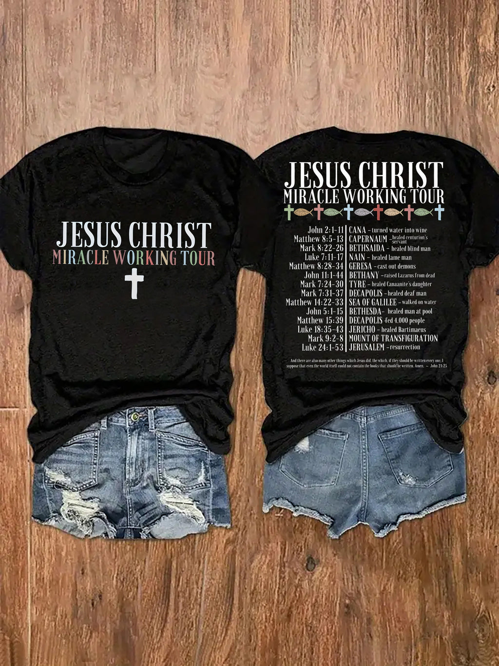 [Christian Faith Tee] Black Christian Faith Women's Jesus Christ Miracle Working Tour Graphic T-Shirt | Stretchy Round Neck Short Sleeve Top for Casual Wear & Vacation Outfits with Cross Design