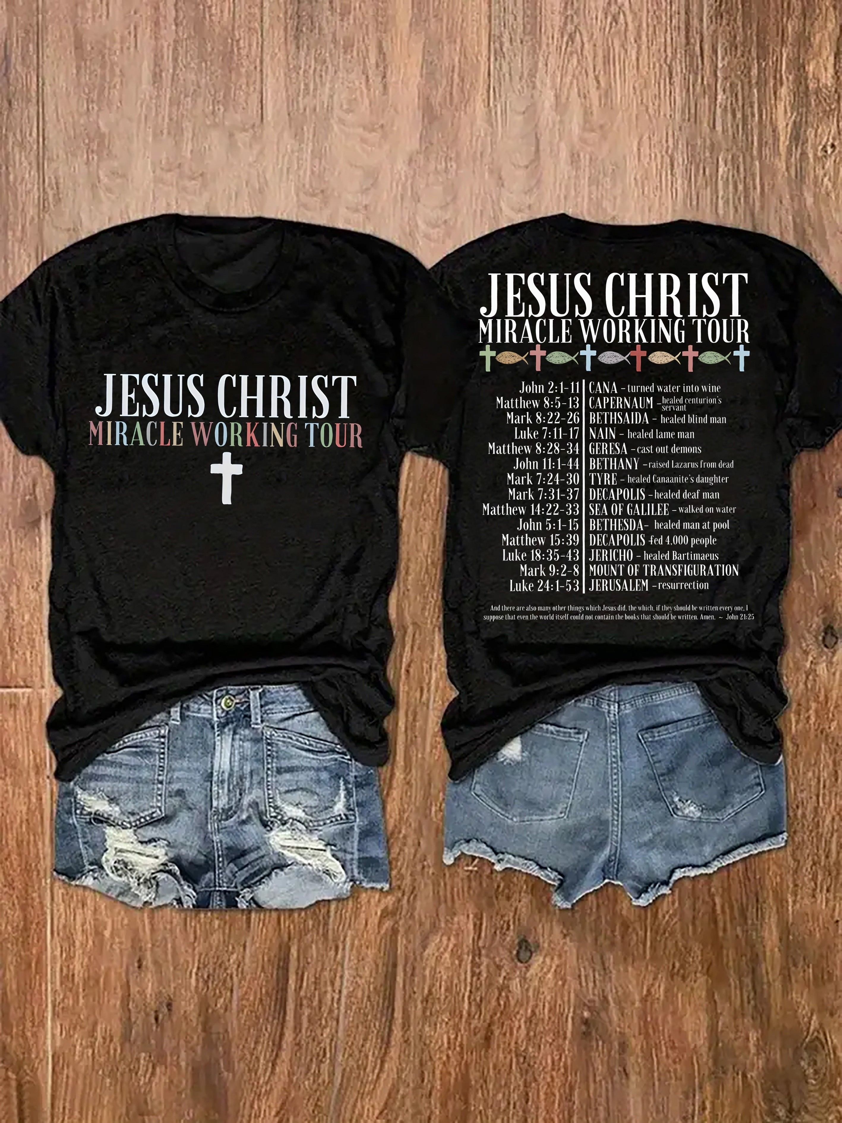 [Christian Faith Tee] Black Christian Faith Women's Jesus Christ Miracle Working Tour Graphic T-Shirt | Stretchy Round Neck Short Sleeve Top for Casual Wear & Vacation Outfits with Cross Design